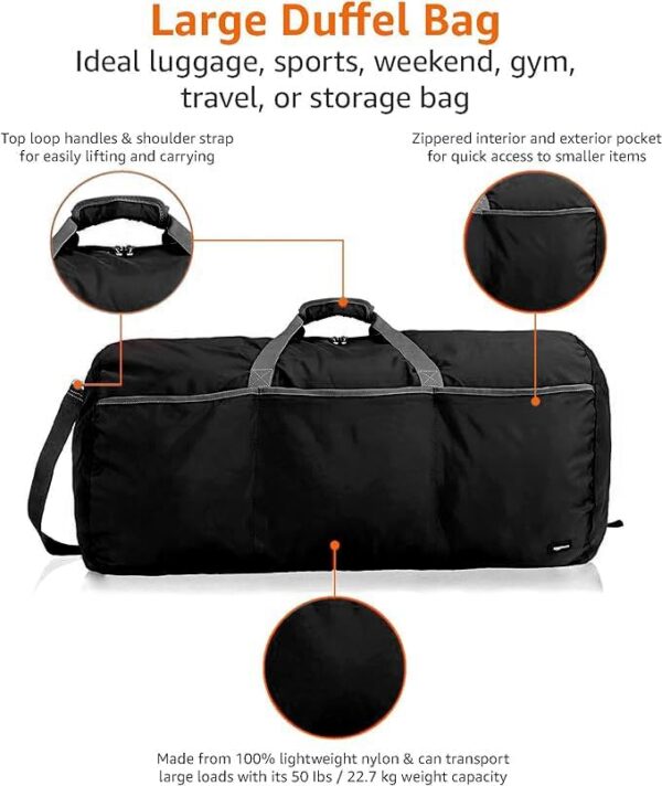 Amazon Basics 100L Nylon Duffel Bag with Multiple Zippered Pockets, Lightweight yet Durable, 50-Pound Weight Capacity, Black, 32.5 x 17 x 11.5 Inches - Image 2