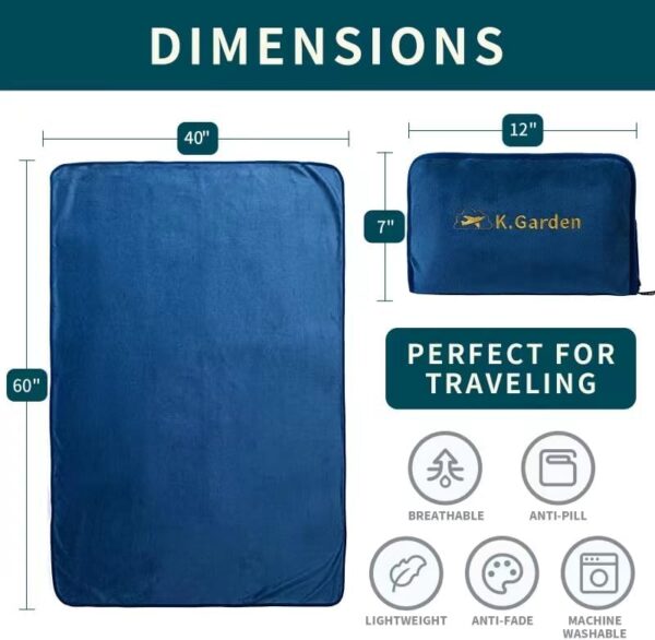 Travel Cooling Blanket and Pillow- Soft 2 in 1 Airplane Compact Flight Essentials Car Pillow Travelers Gifts Accessories Compact Pack Blanket for Any Travel with Luggage Backpack Strap,Blue - Image 3